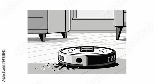 A robotic vacuum cleaner sweeps debris from a tiled floor in a room with furniture