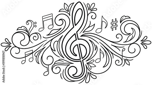 Elegant musical ornament with treble clef and flowing design.