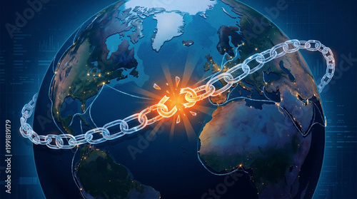 Digital Illustration of a Chain Wrapped Around Earth Breaking Apart with Orange Glowing Fracture Point — Global Supply Chain Disruption Concept