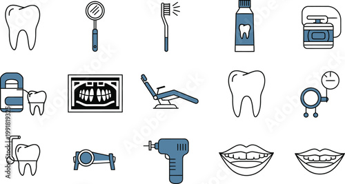 Dental health and dentistry icons with dental chair dental drill dental mirror x ray dental work