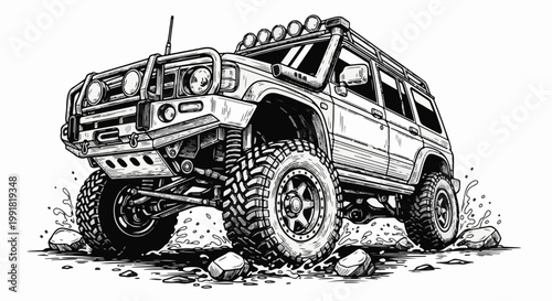 A rugged, off-road vehicle with large tires navigates a rocky, splashing terrain in a monochrome illustration