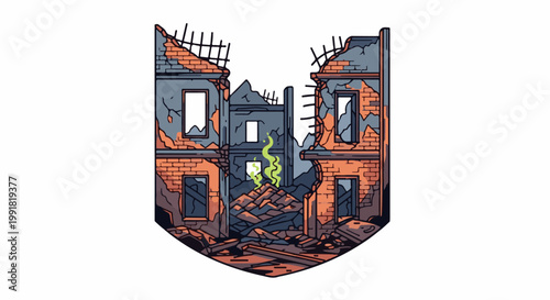 A ruined, crumbling building with smoke rising from the debris, depicting devastation and decay