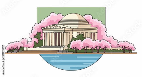 A rotunda-style building with columns is framed by cherry blossoms and reflects in a body of water