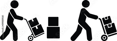 Two individuals transporting boxes using carts for delivery or moving tasks