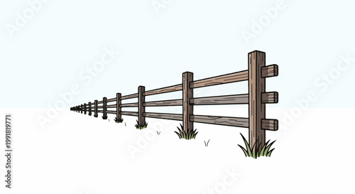 A rustic wooden fence stretches into the distance across a snowy, open field