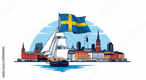 A sailboat with Swedish flag flies by a cityscape