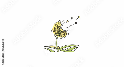 A stylized dandelion seed head disperses its seeds in a gentle breeze against a white background