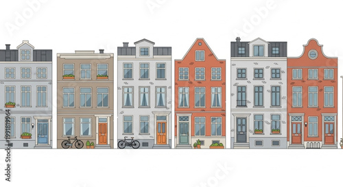 Row of colorful European townhouses with unique architectural details.