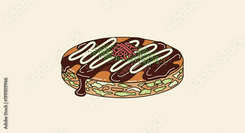 A savory pancake dish topped with drizzles of sauce and finely chopped toppings