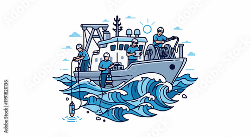 A team on a boat operates scientific equipment amidst choppy waves under a bright sun