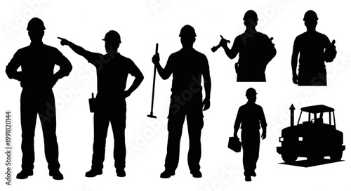 Silhouettes of construction workers and a tractor.