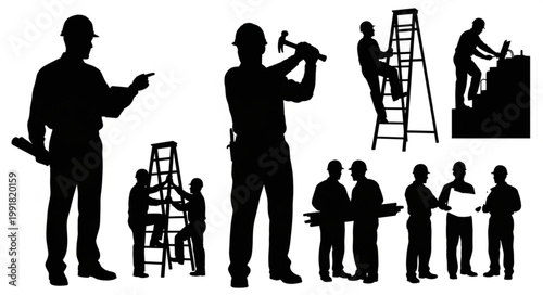 Construction workers performing various tasks on a white background.