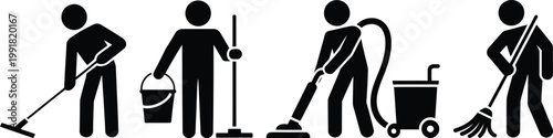 Illustrations of various cleaning activities and tools in use