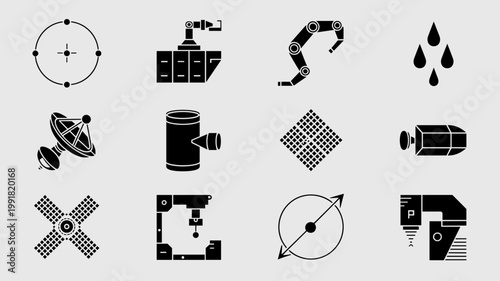 Technical space station and robotic arm symbols - Great for orbital logistics manuals, satellite tech news, and space station infographics.