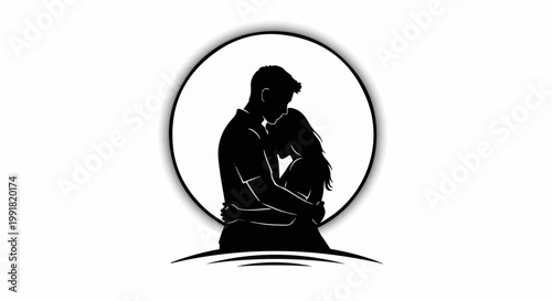 A tender silhouette of a couple embracing within a stylized circle, evoking deep affection