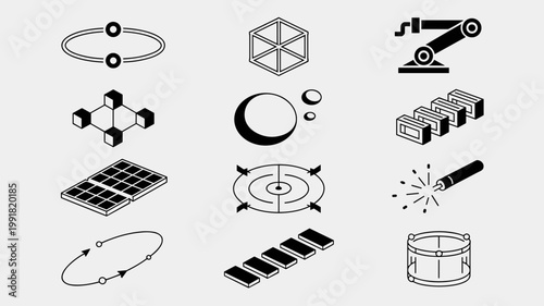 Precision CubeSat and molecular assembly icons - Perfect for nanosatellite research, space-grade material science, and engineering docs.