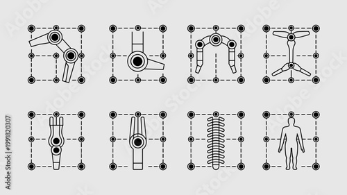 Exoskeleton actuator and joint support icons - Ideal for wearable robotics, physical therapy tech, and bionic hardware engineering.