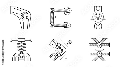 Exoskeleton joint actuator icons set – Ideal for medical technology, robotics engineering, or healthcare UI design.