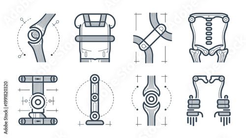Technical wearable support icon set – Perfect for exoskeleton research, prosthetic development, or engineering diagrams.