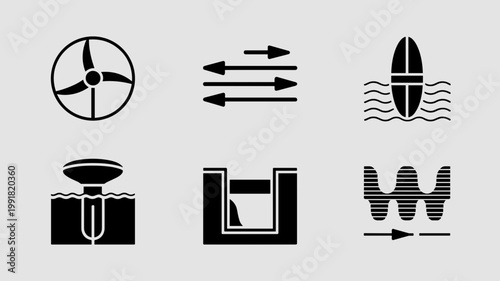 Tidal turbine and wave energy symbols – Ideal for ocean power research, ecology blogs, or sustainability infographics.