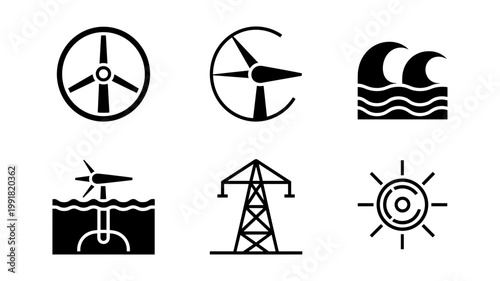 Sustainable tidal turbine icon set – Great for environmental technology, wave energy startups, or educational resources.