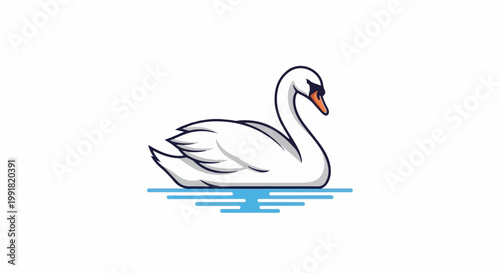 A stylized white swan glides gracefully on calm blue water with a white background