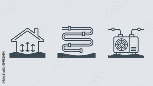 Geothermal heat pump and piping icons – Ideal for renewable heating, green building tech, or geothermal energy.