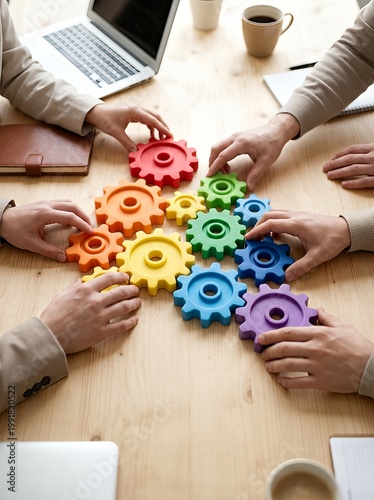 Hands arrange colorful gear cogs on a table, symbolizing teamwork and unity.