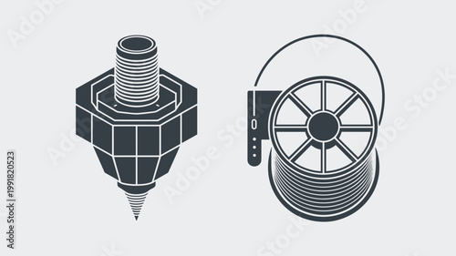 Technical 3D printing filament and part icons – Perfect for manufacturing UI, printing manuals, or industrial design.