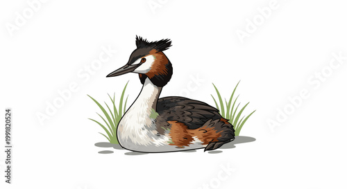 A stylized illustration of a grebe bird resting among green blades of grass