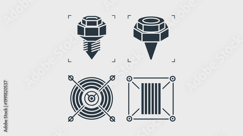 Technical 3D printer spool and nozzle icons – Perfect for manufacturing UI, printing equipment guides, or tech design.