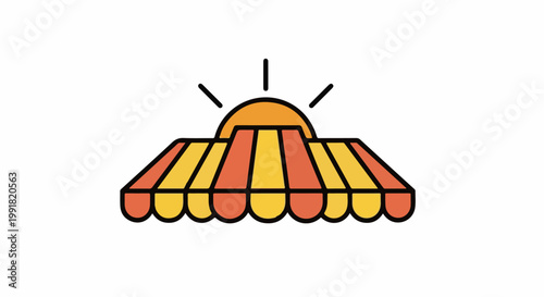 A sun rises over a striped awning, signaling the start of a bright day