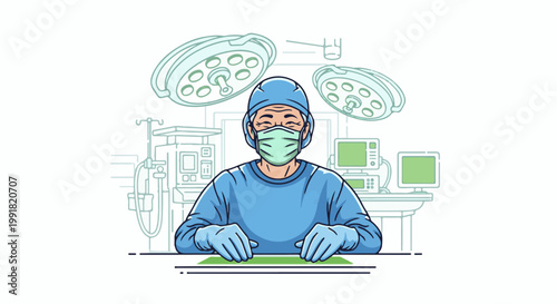 A surgeon in blue scrubs, mask, and cap sits in an operating room with medical equipment