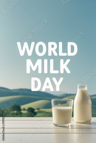 Poster banner postcard card World Milk Day, concept of healthy food and healthy drinks AI Generative