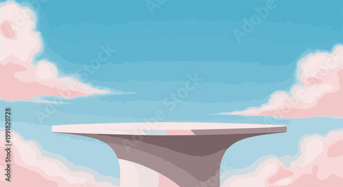 A surreal, flat-shaded platform juts into a soft pastel sky filled with fluffy, pink-tinged clouds