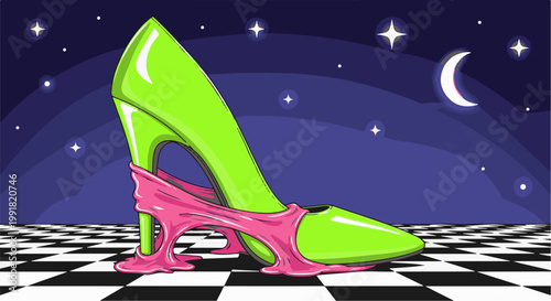 A surreal green high heel shoe entangled in dripping pink gum on a checkerboard floor under a starry night