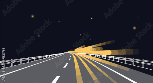 A surreal night highway with glowing yellow light streaks against a dark sky with faint stars