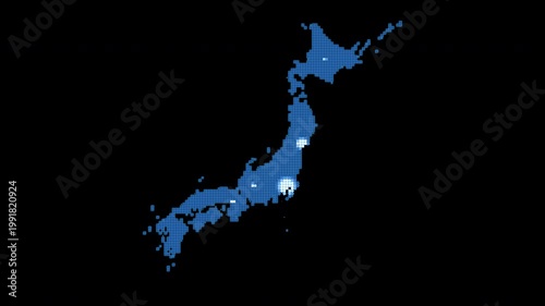 放射状に広がって色が変化していく青い日本地図（正方形グリッド・上面）透過アルファチャンネルあり