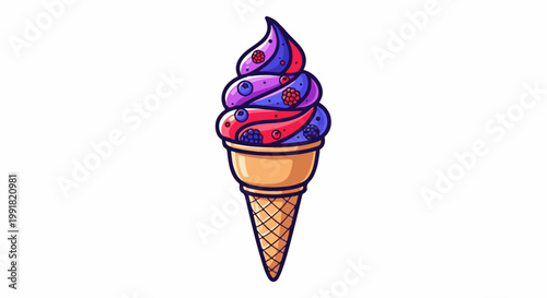 A swirls soft serve ice cream cone with blueberries and raspberries