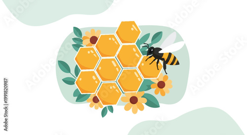 Celebrating World Bee Day with a Sweet Honeycomb and Blooming Flowers Illustration