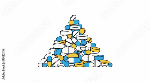 A tall, colorful pile of assorted pills and capsules