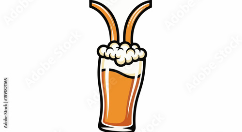 A tall glass of amber liquid topped with frothy white foam, with two orange straws arching upwards
