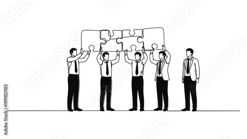 Business team assembling a puzzle to represent strategic collaboration.