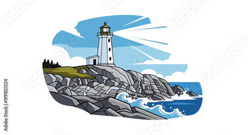 A tall white lighthouse stands on a rocky shore, with waves crashing against the rocks under a bright sky