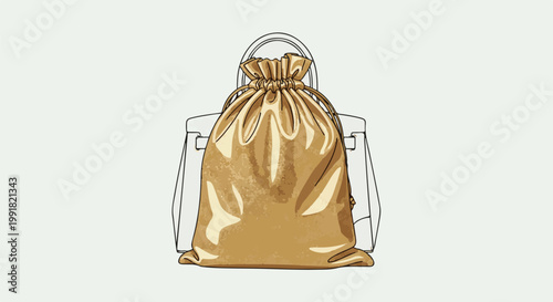 A tan satin drawstring bag partially obscures a white tote bag's outline