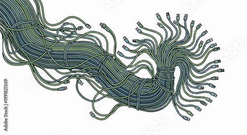 A tangled mass of network cables, predominantly green and blue, with visible connectors