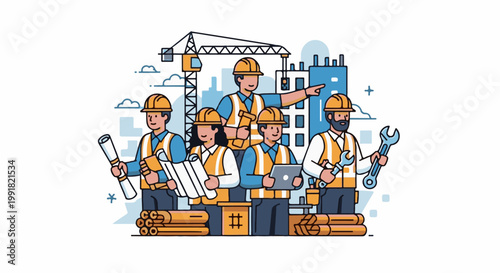 A team of construction workers in safety gear stand together, with blueprints, a tablet, and tools