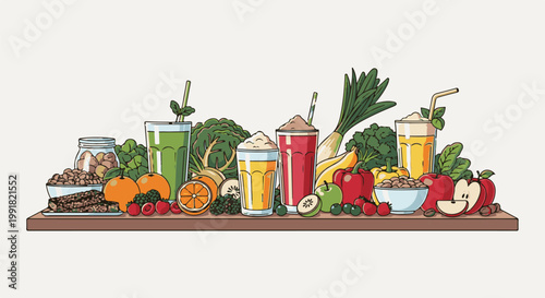 A vibrant display of fresh fruits, vegetables, and juices, promoting healthy eating and vibrant living
