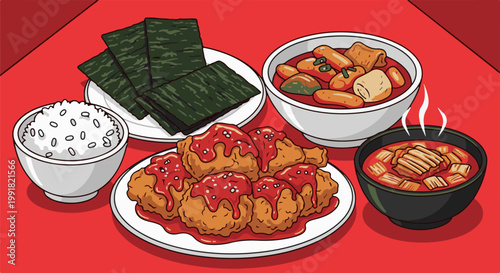 A vibrant, flat-style illustration of a Korean meal with fried chicken, rice, seaweed, and two stews