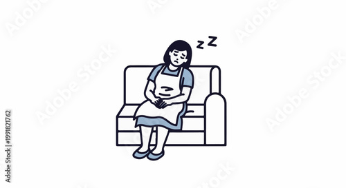 A tired person in an apron slumps asleep on a couch, with zzzs floating above